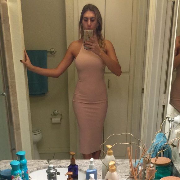 NEW Olivaceous Halter Turtleneck Bodycon Midi Dress Nude Dusty Rose Beige - Picture 6 of 7